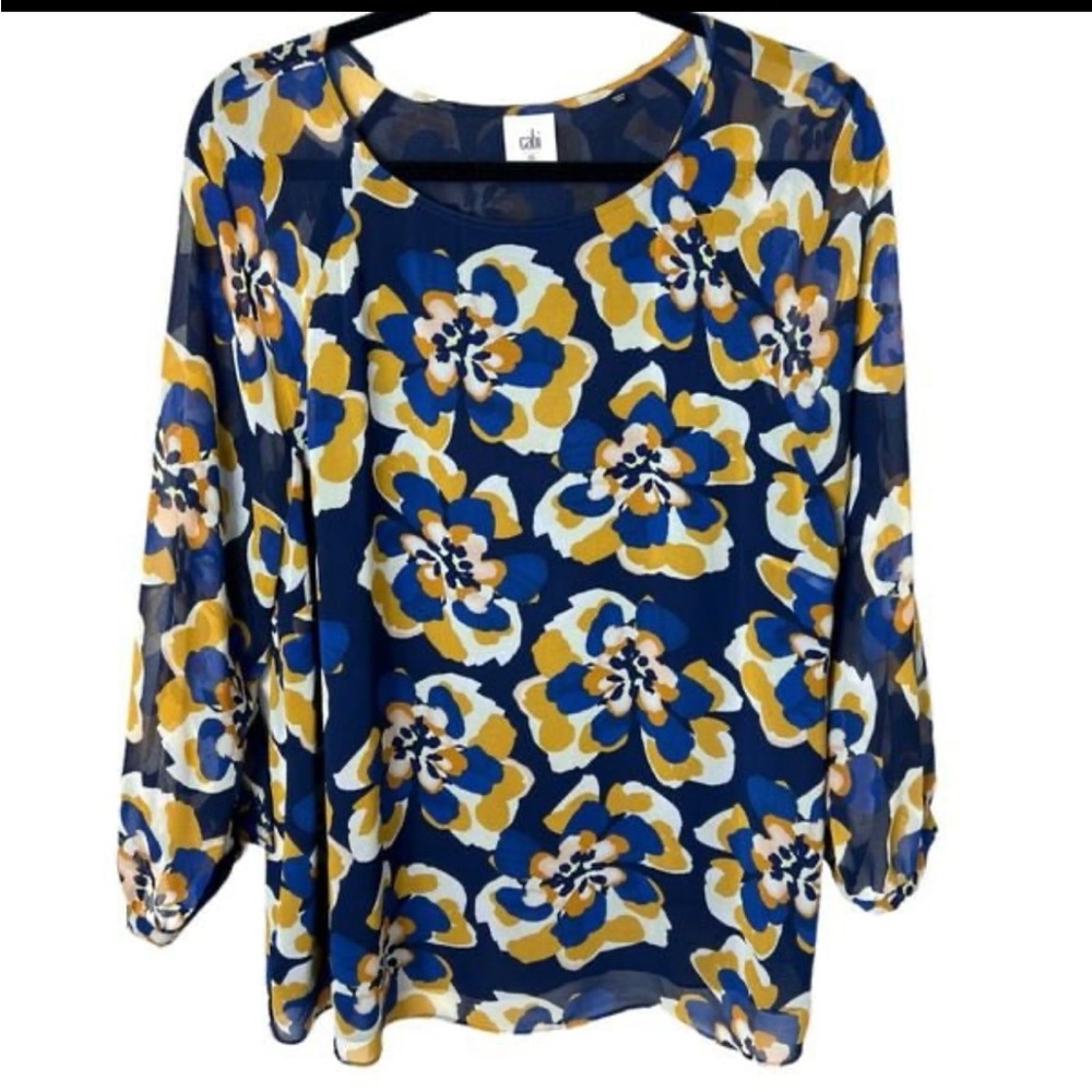 CAbi Navy and Mustard Floral Blouse